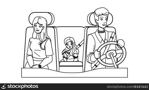 family in car line pencil drawing vector. father mother, happy vacation, dad kid, man woman, child transport, travel fun, auto family in car character. people Illustration. family in car vector