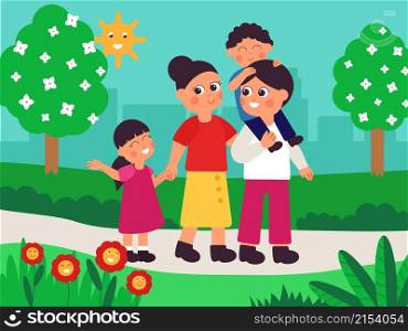 Family in city park. Outdoor lifestyle, walking with parents. Children father and mother relax on weekend, cartoon cute kids decent vector scene. Illustration weekend family together, walk park. Family in city park. Outdoor lifestyle, walking with parents. Children father and mother relax on weekend, cartoon cute kids decent vector scene