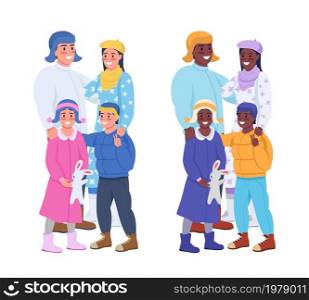 Family in cold weather semi flat color vector characters set. Posing figures. Full body people on white. Winter season isolated modern cartoon style illustration for graphic design and animation pack. Family in cold weather semi flat color vector characters set