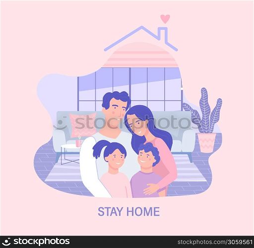 Family in isolation.Stay home template for design in banner,poster, flyer.Awareness social media campaign and coronavirus prevention.Quarantine during pandemia.Health care concept.Vector illustration.. Family in isolation.Stay home template for design.