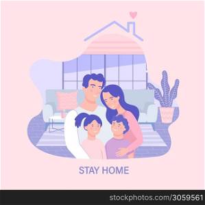 Family in isolation.Stay home template for design in banner,poster, flyer.Awareness social media campaign and coronavirus prevention.Quarantine during pandemia.Health care concept.Vector illustration.. Family in isolation.Stay home template for design.