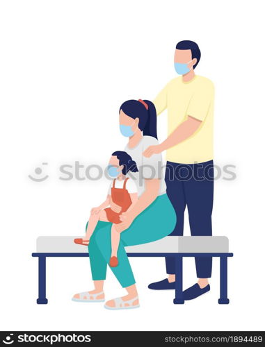 Family in masks semi flat color vector characters. Posing figures. Full body people on white. Doctor visit isolated modern cartoon style illustration for graphic design and animation. Family in masks semi flat color vector characters