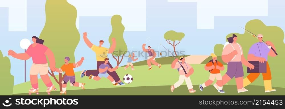 Family in park. Couples walking, outdoor freshness walk. Kids and parents happy time in garden, leisurely recreational and sporting vector. Illustration of family outdoors summer, playing cheerful. Family in park. Couples walking, outdoor freshness walk. Kids and parents happy time in garden, leisurely recreational and sporting utter vector scene