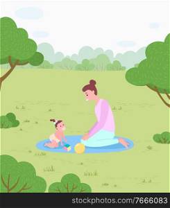 Family in park, mother and baby on rug, newborn and woman vector. Child and toys, mommy playing with kid, childhood care and love, nature and meadow. Mother and Baby Girl on Rug with Toys in Park