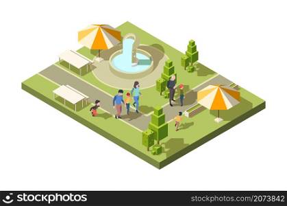 Family in park. Parents walking in urban park and playing with kids garish vector isometric background. Family in park walk, people recreation and leisure illustration. Family in park. Parents walking in urban park and playing with kids garish vector isometric background