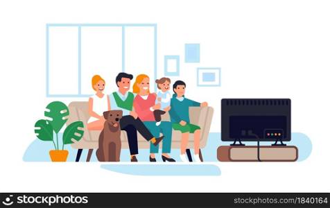 Family in room interior. Happy people on sofa watches tv, parents and children and dog relax evening, viewing movie together, home living vector concept. Family in room interior. Happy people on sofa watches tv, parents and children and dog relax evening, viewing movie together. Vector concept