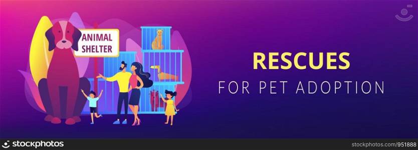 Family in shelter choosing puppy. Homeless dogs in cages. Animal shelter, rescues for pet adoption, come to pick a friend concept. Header or footer banner template with copy space.. Animal shelter concept banner header