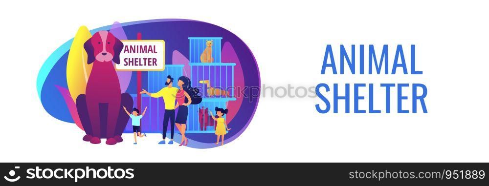 Family in shelter choosing puppy. Homeless dogs in cages. Animal shelter, rescues for pet adoption, come to pick a friend concept. Header or footer banner template with copy space.. Animal shelter concept banner header