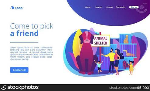 Family in shelter choosing puppy. Homeless dogs in cages. Animal shelter, rescues for pet adoption, come to pick a friend concept. Website homepage landing web page template.. Animal shelter concept landing page