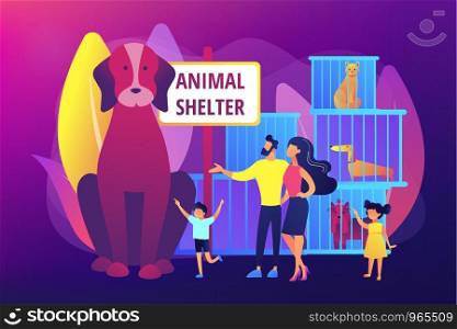 Family in shelter choosing puppy. Homeless dogs in cages. Animal shelter, rescues for pet adoption, come to pick a friend concept. Bright vibrant violet vector isolated illustration. Animal shelter concept vector illustration