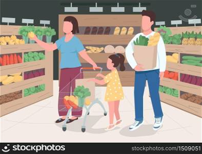 Family in supermarket flat color vector illustration. Husband and wife buy groceries with toddler kid. Child near trolley cart. Parents with daughter 2D cartoon characters with interior on background