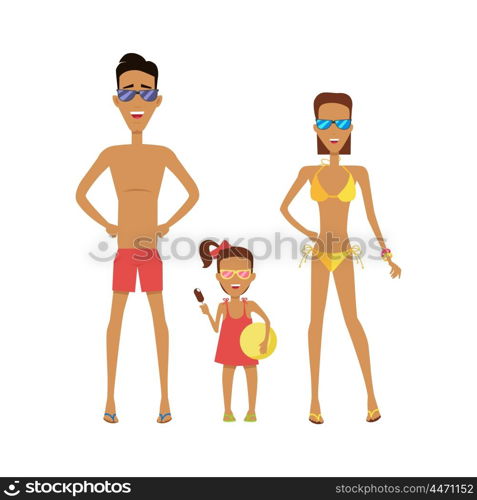 Family in Swimming Attire. Family in their swimming attire on a white background. Father mother and daughter with sunglasses which holds the ice cream and ball. Vector illustration