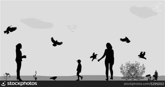 Family in the Park Feeding the Birds. Vector Illustration.. Family in the Park Feeding Birds. Vector Illustration.