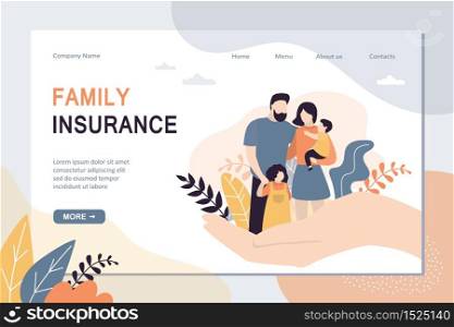Family Insurance and healthcare landing page template. Big hand holding tiny people with children. Medical or financial assurance banner. Love couple parents with cute kids. Trendy vector illustration