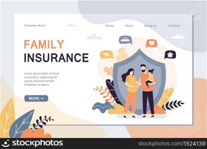 Family insurance landing page template. Insurance,healthcare concept banner. Assurance plan, full insurance coverage. Cute parents with child, protection shield on background. Pregnant woman. Vector