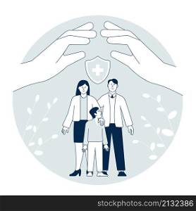 Family insurance. Safe people wellness, parents and kid under umbrella. Secure life, private healthcare. Support woman man and child, recent vector concept. Illustration of safe health family. Family insurance. Safe people wellness, parents and kid under umbrella. Secure life, private healthcare. Support woman man and child, recent vector concept