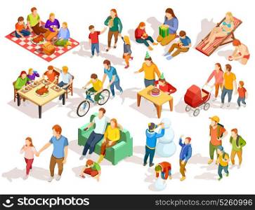 Family Isometric Icons Set. Families spending free time with their children in different places colorful isometric icons set isolated on white background vector illustration
