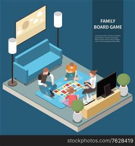 Family isometric leisure playing composition with family board game headline and mother father and children play the game vector illustration