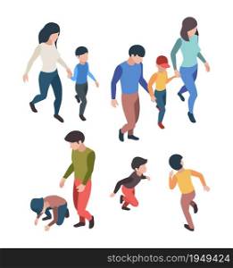 Family isometric. People father mother children playing walking happy parents garish vector persons. Mother and father family with kids walking illustration. Family isometric. People father mother children playing walking happy parents garish vector persons