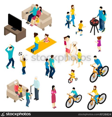Family Isometric Set . Family isometric set with free time and activities symbols isolated vector illustration