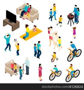 Family Isometric Set . Family isometric set with free time and activities symbols isolated vector illustration