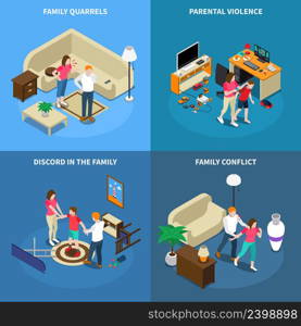 Family issues isometric design concept with quarrels, parental violence, disagreement, conflict, isolated on blue background vector illustration. Family Issues Isometric Design Concept