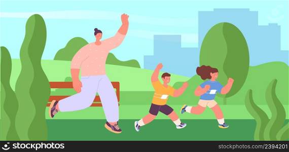 Family jogging in city park. Children and mother running outdoor, summer workout on nature. Boy and girl training, healthy lifestyle vector illustration. Family jogging lifestyle. Family jogging in city park. Children and mother running outdoor, summer workout on nature. Boy and girl training, healthy lifestyle vector illustration