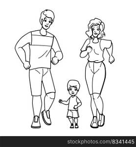 family jogging line pencil drawing vector. together young, exercise happy, sport fitness, man park, father child, fun, healthy family jogging character. people Illustration. family jogging vector