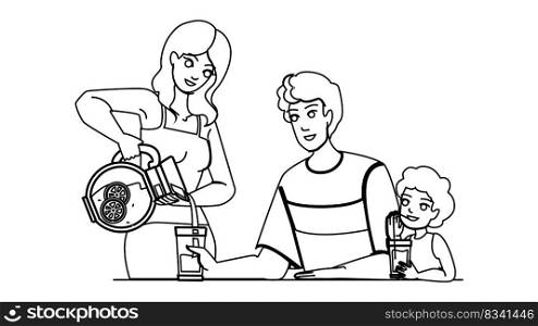 family juice line pencil drawing vector. happy mother, son child, father food, childhood young, together drink, healthy home family juice character. people Illustration. family juice vector