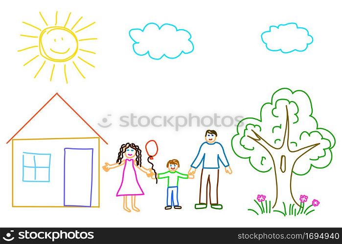 Family kid picture. Cartoon card. Hand drawing. Colored sign. Artistic background. Vector illustration. Stock image. EPS 10.. Family kid picture. Cartoon card. Hand drawing. Colored sign. Artistic background. Vector illustration. Stock image.