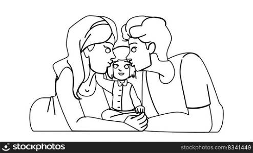 family kiss line pencil drawing vector. child, mother love, happy fun, daughter woman, parent girl, childhood mom, father kid family kiss character. people Illustration. family kiss vector