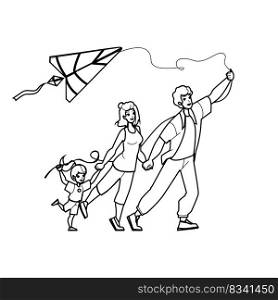 family kite line pencil drawing vector. happy child, kid together, father nature, outdoor summer, daughter vacation, man lifestyle joy family kite character. people Illustration. family kite vector