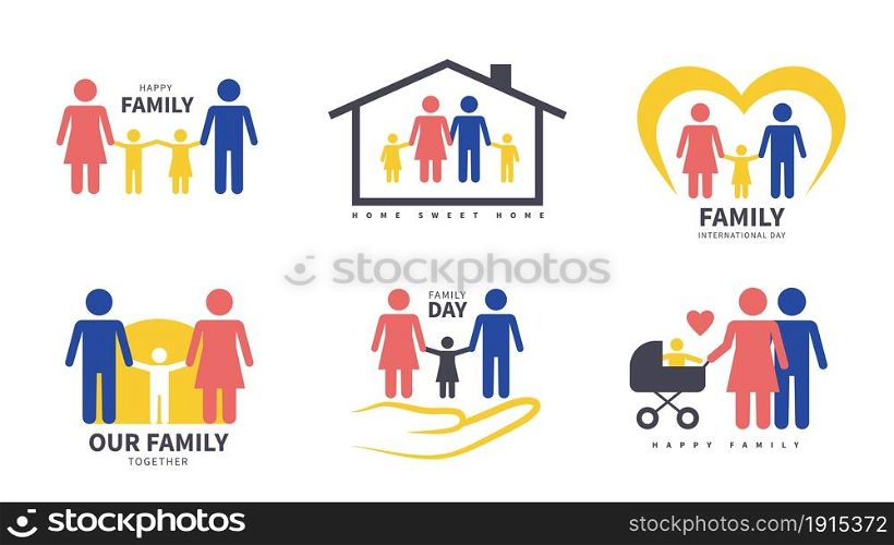 Family labels. Happy mother, father and children emblems, kids with parents color signs, mom and dad carry toddler stroller, love lifestyle, social people relations, vector isolated silhouettes set. Family labels. Happy mother, father and children emblems, kids with parents signs, mom and dad carry toddler stroller, love lifestyle, social people relations vector isolated silhouettes set