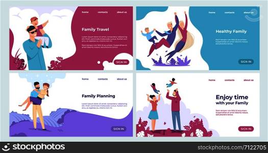 Family landing page. Insurance and family safety web page with cartoon characters, parents and children set. Vector business template design enjoying actively life for web banner. Family landing page. Insurance and family safety web page with cartoon characters, parents and children set. Vector business template