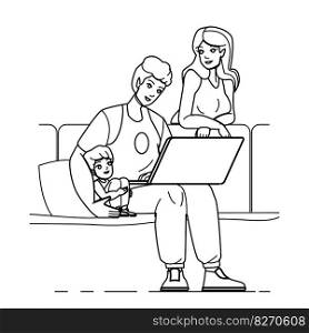family laptop vector. home man woman, computer together, children internet, boy online family laptop character. people Illustration. family laptop vector