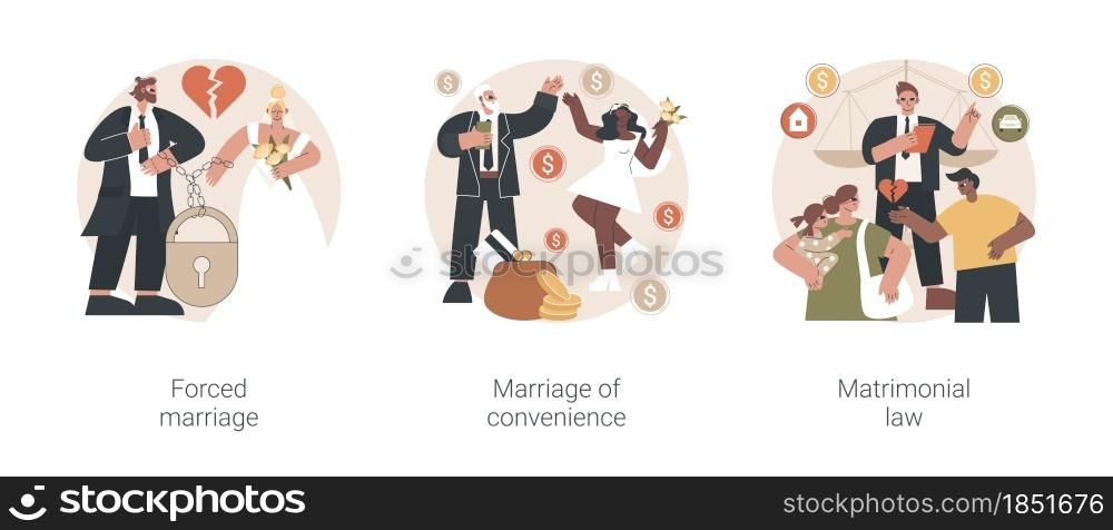 Family law abstract concept vector illustration set. Forced marriage, marriage of convenience, matrimonial law, domestic violence, sexual abuse, child custody, wedding rings abstract metaphor.. Family law abstract concept vector illustrations.