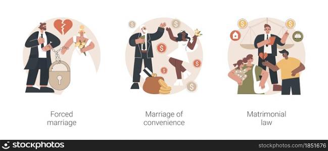 Family law abstract concept vector illustration set. Forced marriage, marriage of convenience, matrimonial law, domestic violence, sexual abuse, child custody, wedding rings abstract metaphor.. Family law abstract concept vector illustrations.
