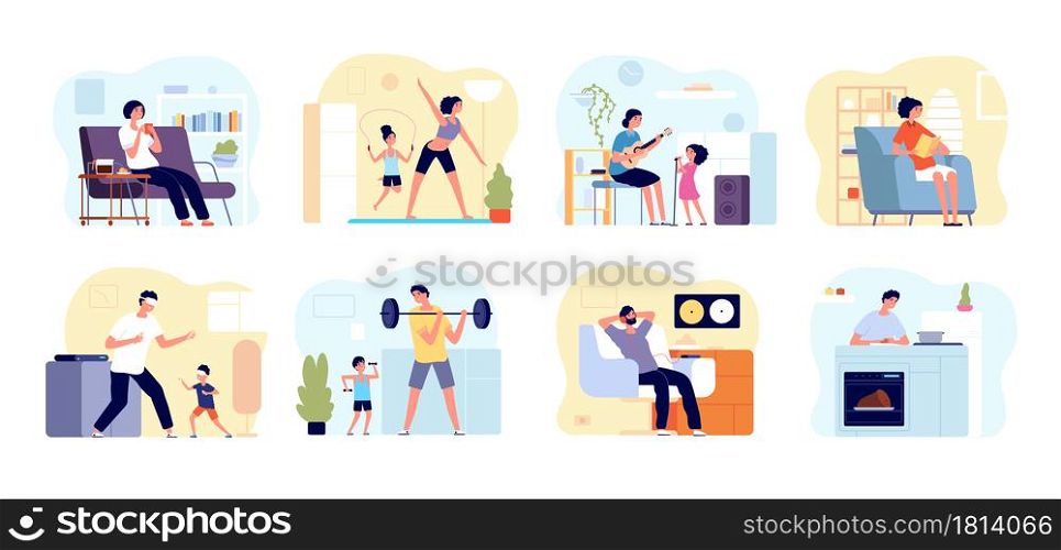 Family leisure home. People cooking, painting play with children. Father boy relax, parents child together game hobby at house vector set. Activity playing family, entertainment indoor illustration. Family leisure home. People cooking, painting play with children. Father boy relax, parents child together game hobby at house vector set