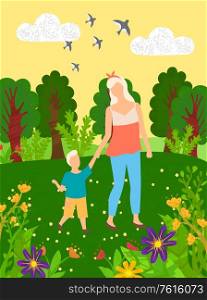 Family leisure in green park, mother holding son going near flowers and trees, portrait view of mom and child outdoor, cloudy sky with birds vector. Mother and Child Walking in Green Park Vector