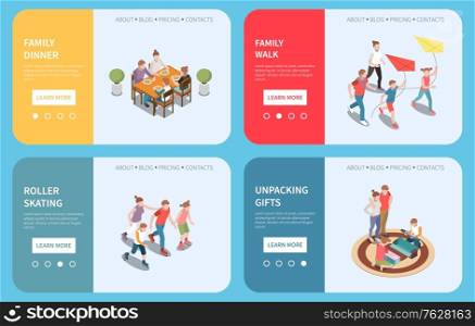 Family leisure playing isometric people banner set with family dinner walk roller skating and unpacking gifts descriptions vector illustration