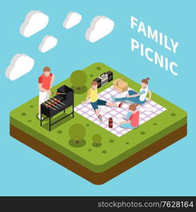 Family leisure playing isometric people composition with family picnic description abstract situation vector illustration