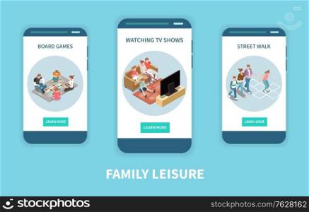 Family leisure playing isometric vertical people banner set with board games watching tv shows and street walk descriptions vector illustration