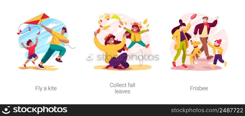 Family leisure time outdoors isolated cartoon vector illustration set. Fly a kite, collect fall leaves, throwing frisbee, windy day, colorful bouquet, walking a dog, warm outfit vector cartoon.. Family leisure time outdoors isolated cartoon vector illustration set