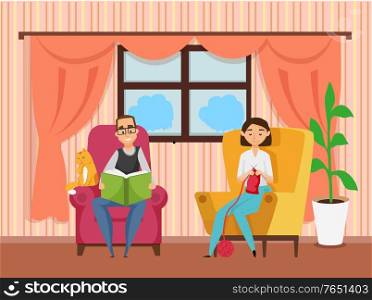 Family leisure together, man reading book, woman knitting, cat sitting on chair, window and house-plant decoration. Hobby of husband and wife vector. Wife Knitting, Husband Reading, Family Vector