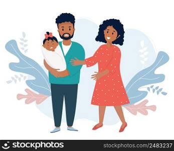 Family life and emotions concept. A sad black man holds a crying baby in his arms. Nearby, a woman smiles and comforts. Vector illustration. Ethnic Family with newborn daughter, stressful situation.