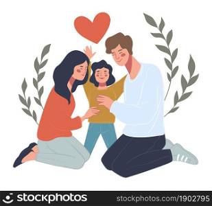 Family life and protection, mother and father with small child. Isolated parents and preschool kid. Mommy and daddy in love, couple with baby. Parenting and happy childhood. Vector in flat style. Mother and father cuddling daughter small girl