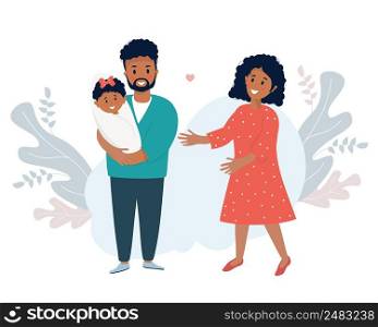 Family life concept. A happy black husband holds a smiling newborn daughter in his arms. A lovely woman-wife stands next to him. Vector illustration. Happy Ethnic Family with Little girl, Family Day