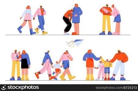 Family life cycle flat vector illustration. Happy young man and woman in love dating, married couple expecting baby, raising, taking care of children. Parents enjoying time together with kids, smiling. Family life cycle flat vector illustration