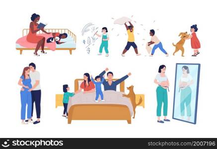 Family lifestyle semi flat color vector character set. Posing figures. Full body people on white. Lifestyle isolated modern cartoon style illustration for graphic design and animation collection. Family lifestyle semi flat color vector character set