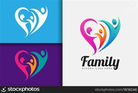 Family Logo Design with Colorful Family Group Forming a Heart Symbol Concept. Vector Logo Illustration.